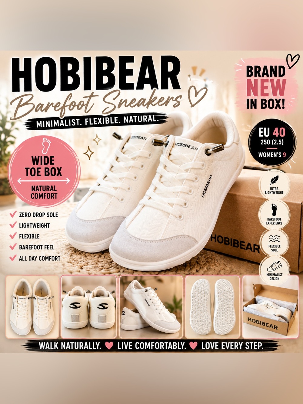 HOBIBEAR Barefoot Sneakers White Minimalist Zero Drop Shoes EU 40 NIB